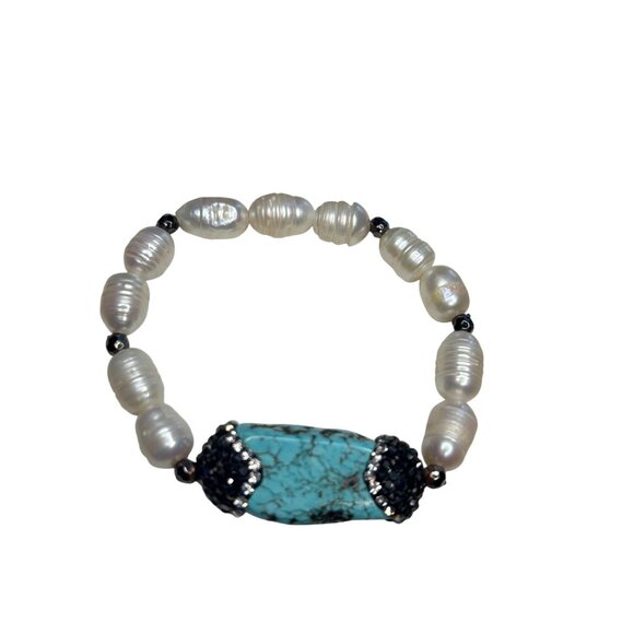 Turquoise & Pearl Stretch Bracelet With Swarovski Crystal Pave Accents - Picture 1 of 12